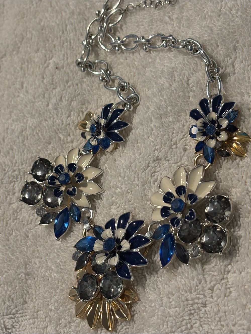 🟠Lands’ End Blue Enamel Floral Statement Necklace Rhinestone Collar EUC